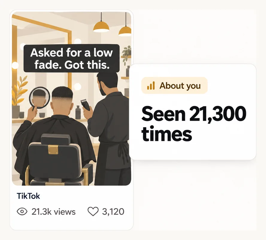 A TikTok post, "Asked for a low fade. Got this.", 21.3k views. Highground: about you, seen 21,300 times.