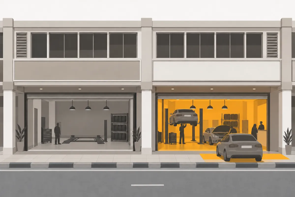 Your workshop quiet, with an empty bay; the workshop next door busy, a car on the lift and another driving in.