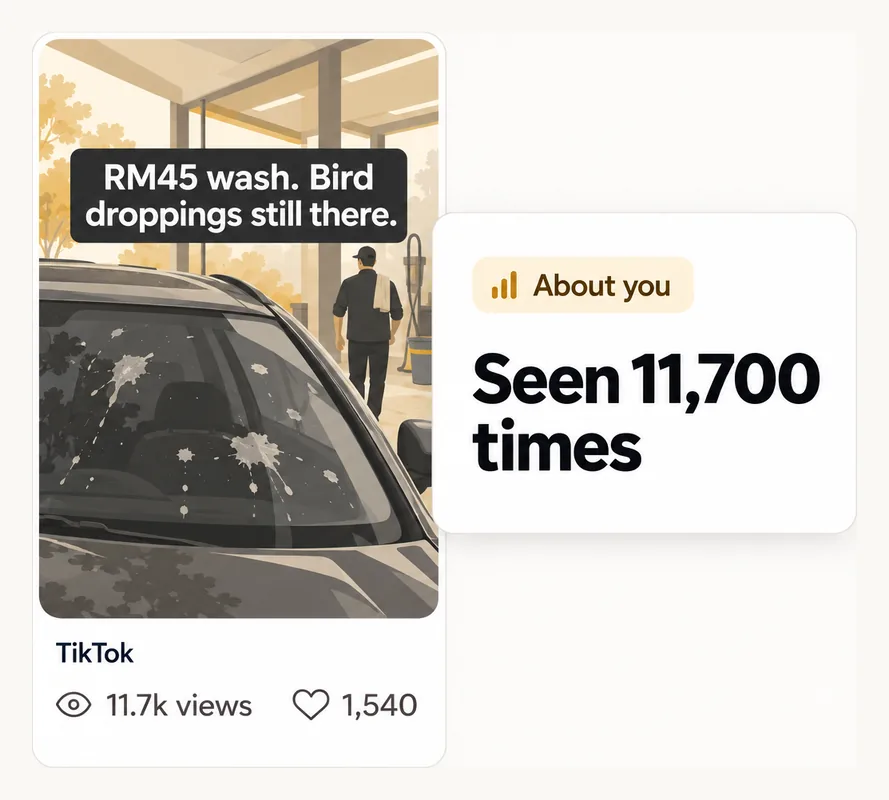 A TikTok post, "RM45 wash. Bird droppings still there.", 11.7k views. Highground: about you, seen 11,700 times.