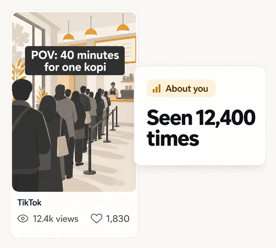 A TikTok post, "POV: 40 minutes for one kopi", 12.4k views. Highground: about you, seen 12,400 times.