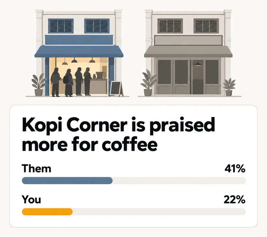 Kopi Corner is praised more for coffee: them 41%, you 22%.