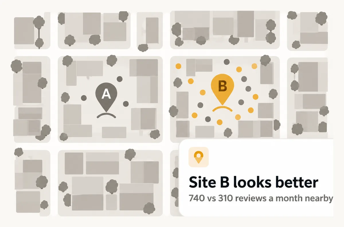 A map with site A and site B. Site B looks better: 740 vs 310 reviews a month nearby.