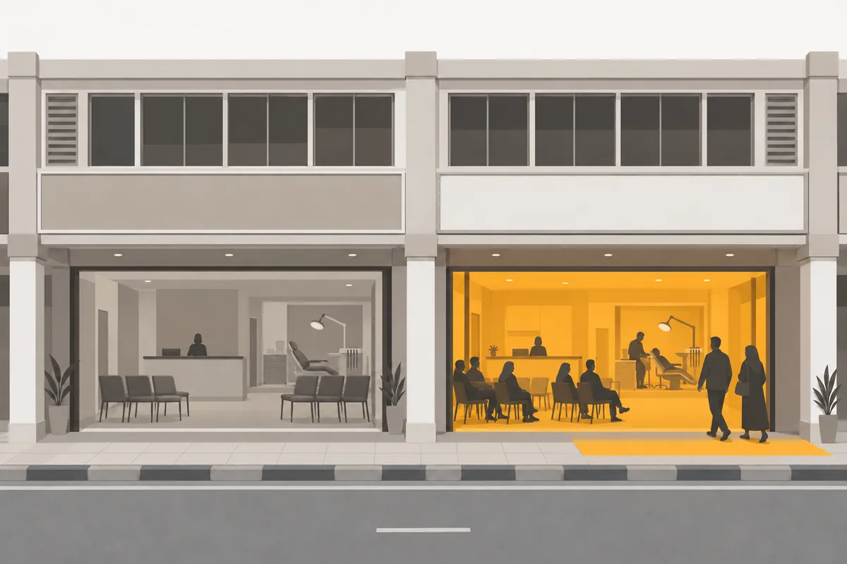 Your clinic quiet, with empty chairs; the clinic next door full, with patients walking in.