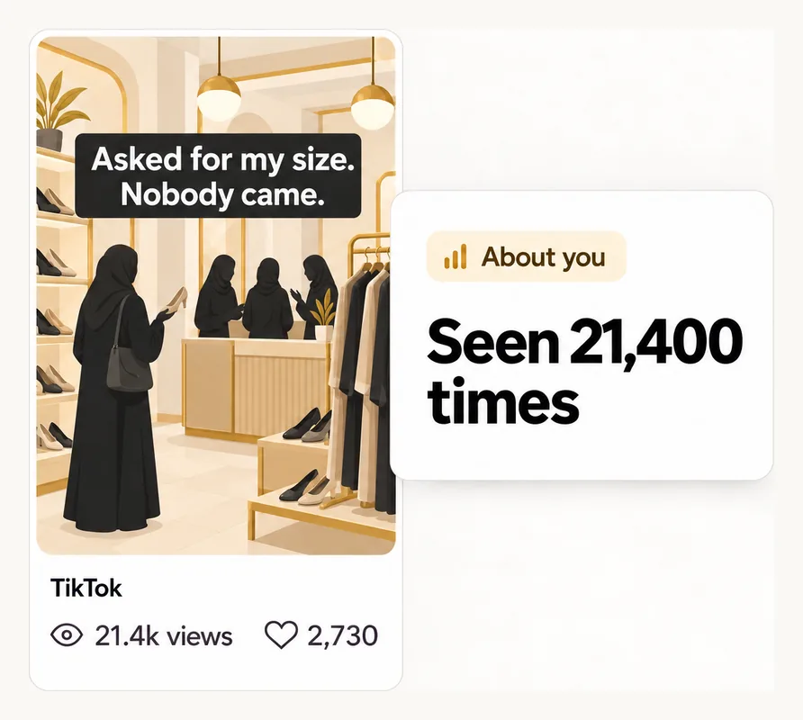 A TikTok post, "Asked for my size. Nobody came.", 21.4k views. Highground: about you, seen 21,400 times.