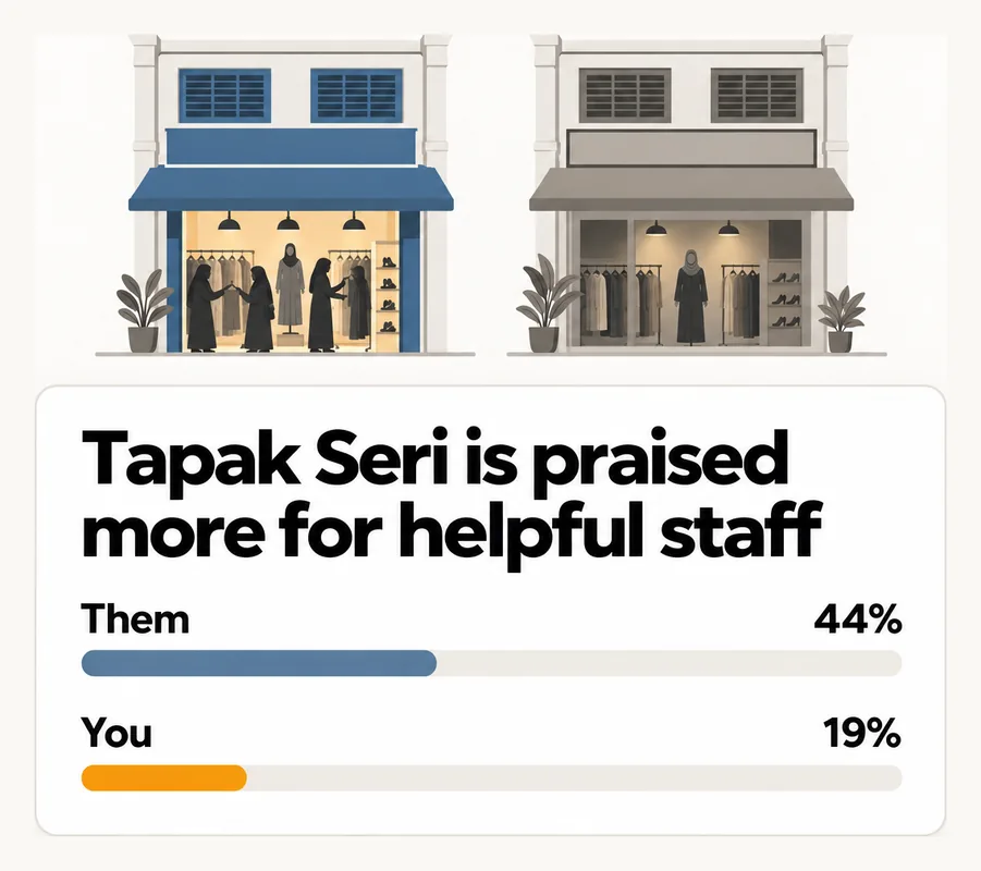 Tapak Seri is praised more for helpful staff: them 44%, you 19%.