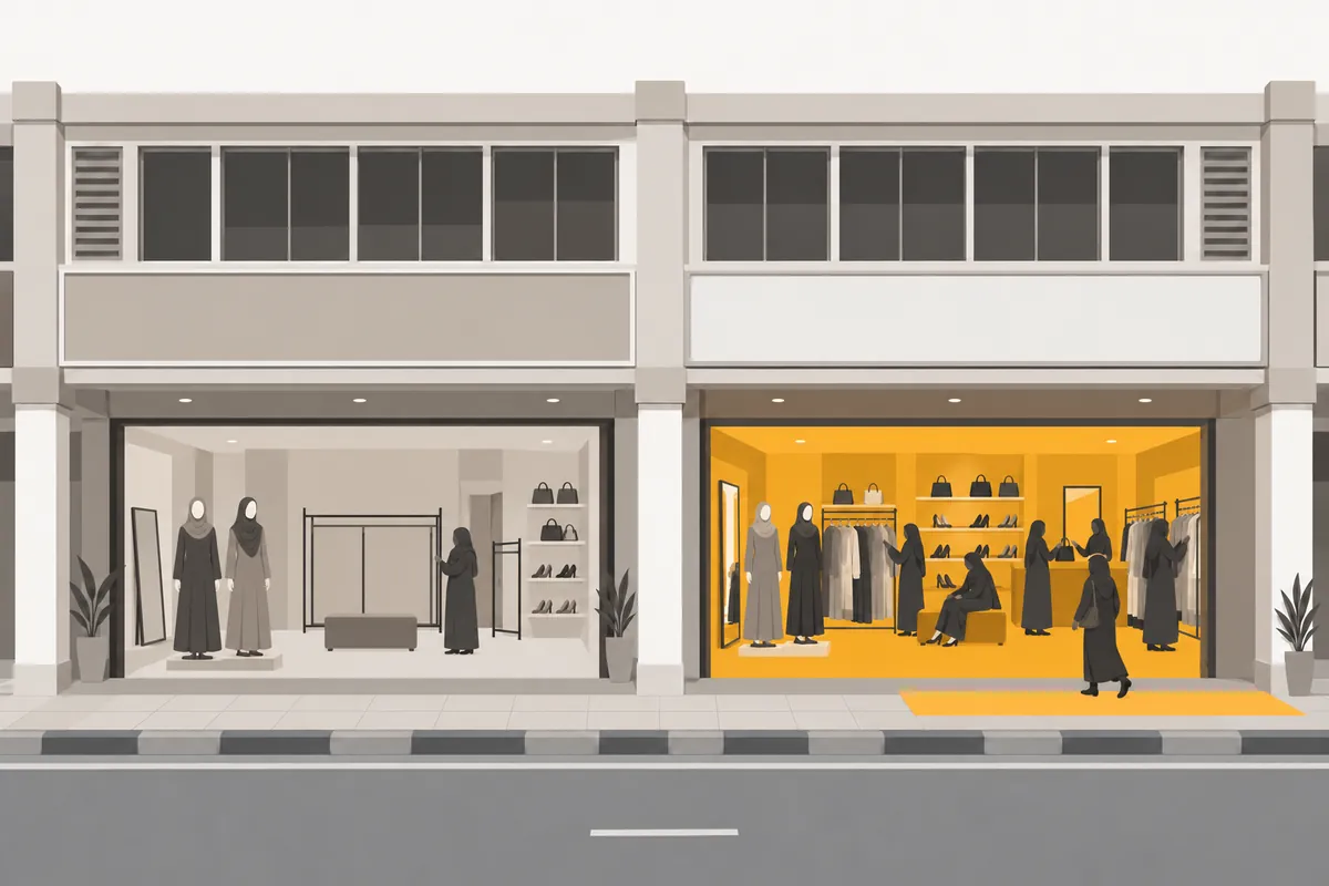 Your shop quiet and grey; the fashion shop next door busy, with customers trying on shoes and paying.