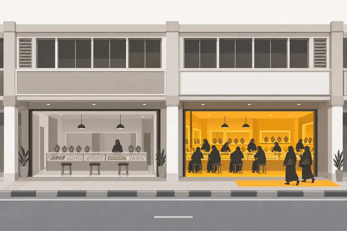 Your gold shop quiet, one staff member at an empty counter; the gold shop next door busy, every stool taken.