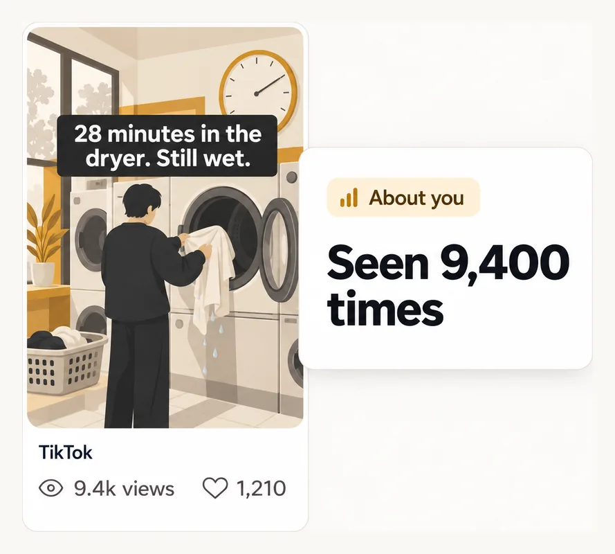 A TikTok post, "28 minutes in the dryer. Still wet.", 9.4k views. Highground: about you, seen 9,400 times.