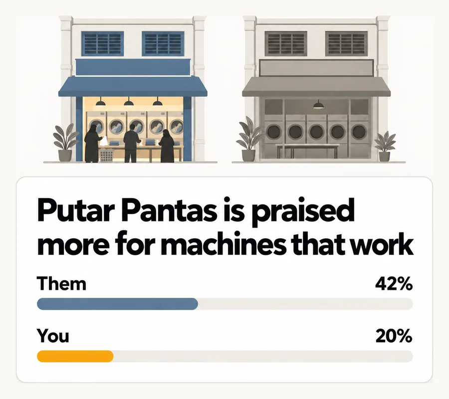 Putar Pantas is praised more for machines that work: them 42%, you 20%.