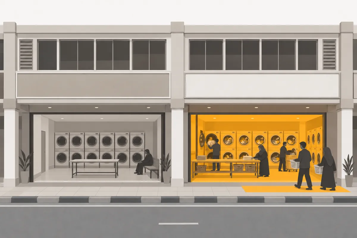 Your laundry quiet, its machines idle; the laundry next door busy, every machine running.