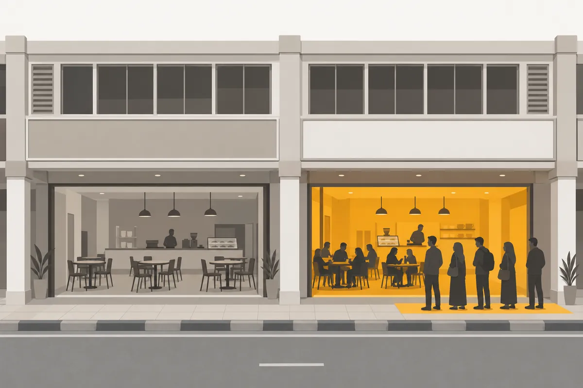 Your café empty and grey; the café next door busy, with a queue outside.