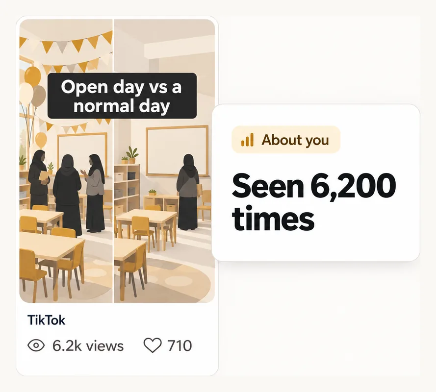 A TikTok post, "Open day vs a normal day", 6.2k views. Highground: about you, seen 6,200 times.