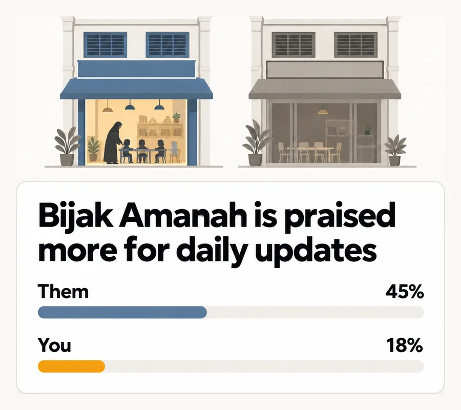 Bijak Amanah is praised more for daily updates: them 45%, you 18%.