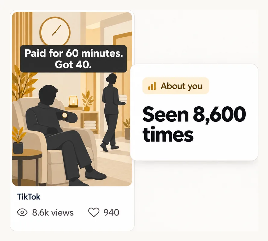 A TikTok post, "Paid for 60 minutes. Got 40.", 8.6k views. Highground: about you, seen 8,600 times.