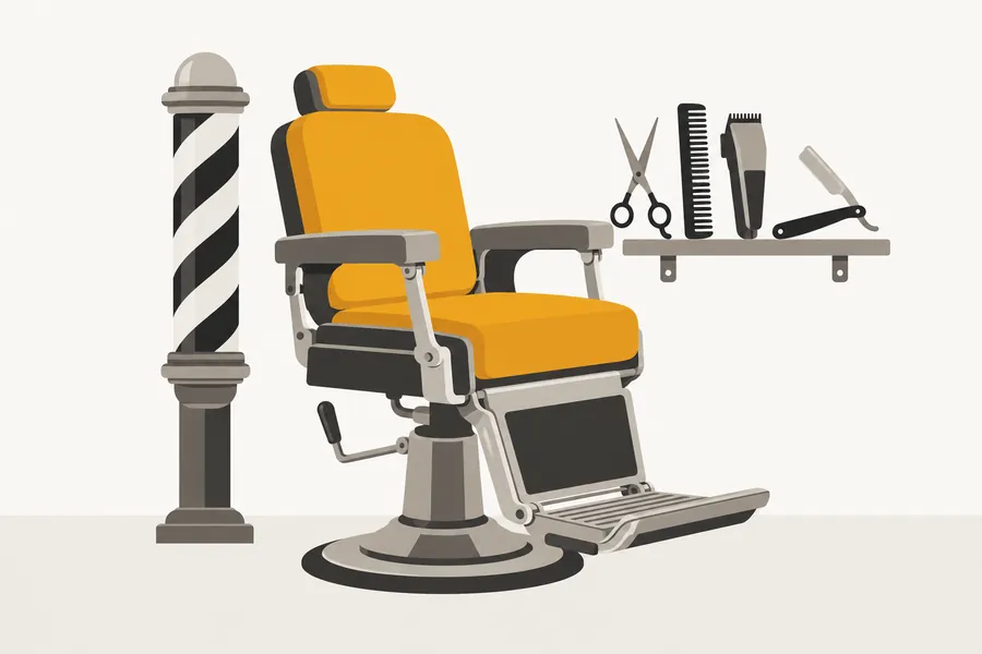 A barber's chair beside a barber pole, with scissors, comb and clippers on a shelf