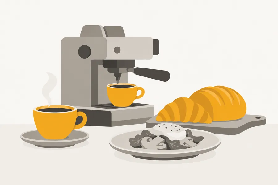 Mesin espresso, dua cawan kopi, croissant dan sepinggan makanan di kaunter kafe
