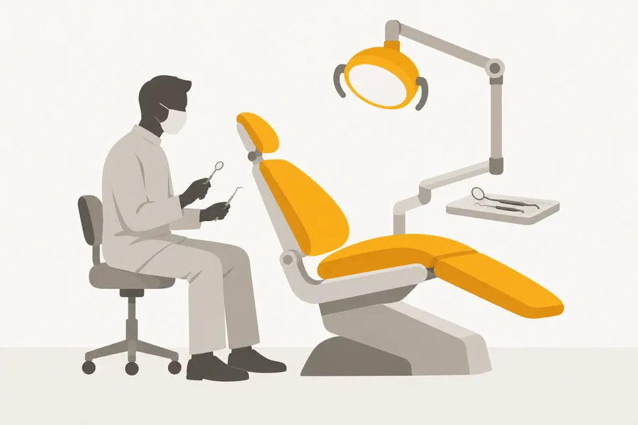A dentist seated beside a gold dental chair under a lamp, holding a mirror and probe