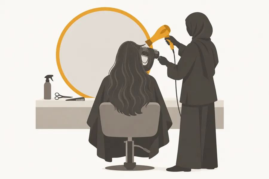 A stylist blow-drying a client's long hair in front of a round salon mirror