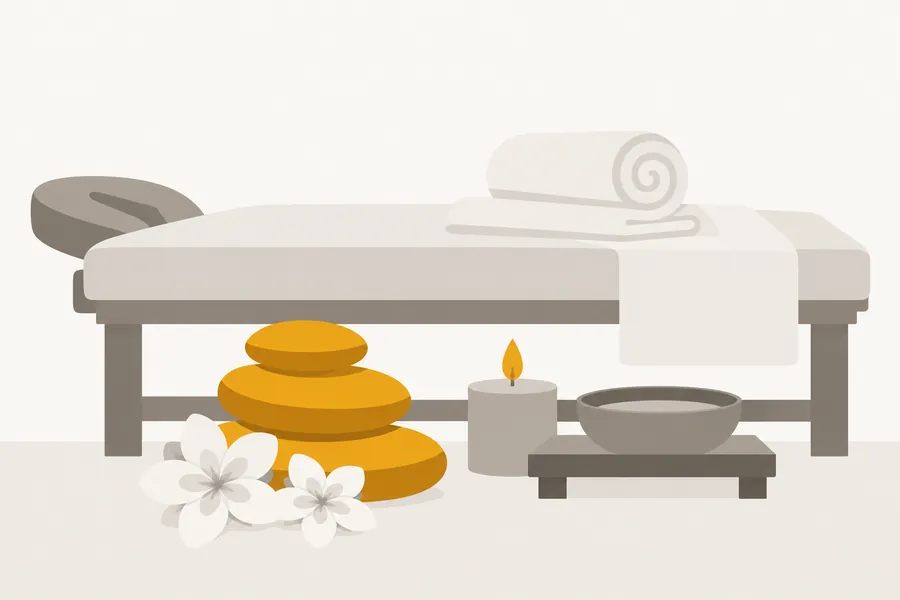 A massage bed with rolled towels, warm stones, a candle and white flowers